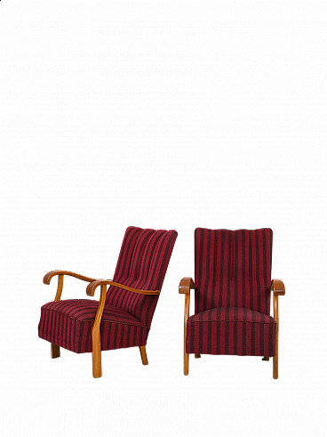 Pair of Art Deco wood and striped fabric armchairs, 1940s