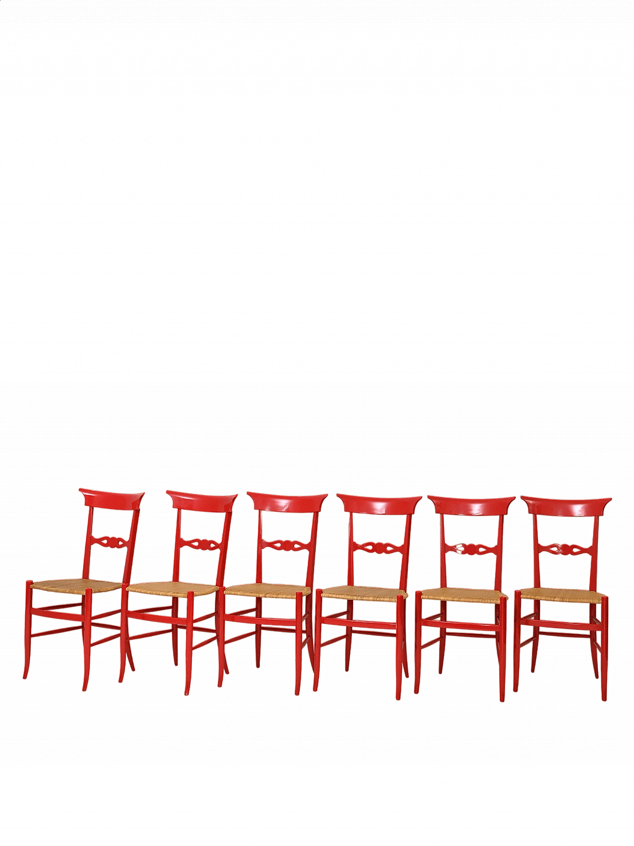 6 Chairs in red lacquered wood and Vienna straw, 1960s 18