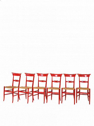 6 Sedie in legno laccato rosso e paglia di Vienna, anni '60