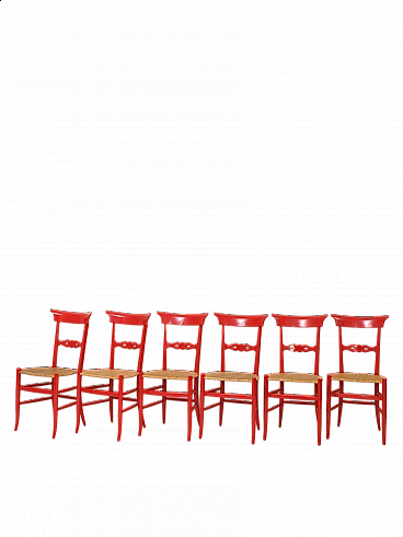 6 Sedie in legno laccato rosso e paglia di Vienna, anni '60