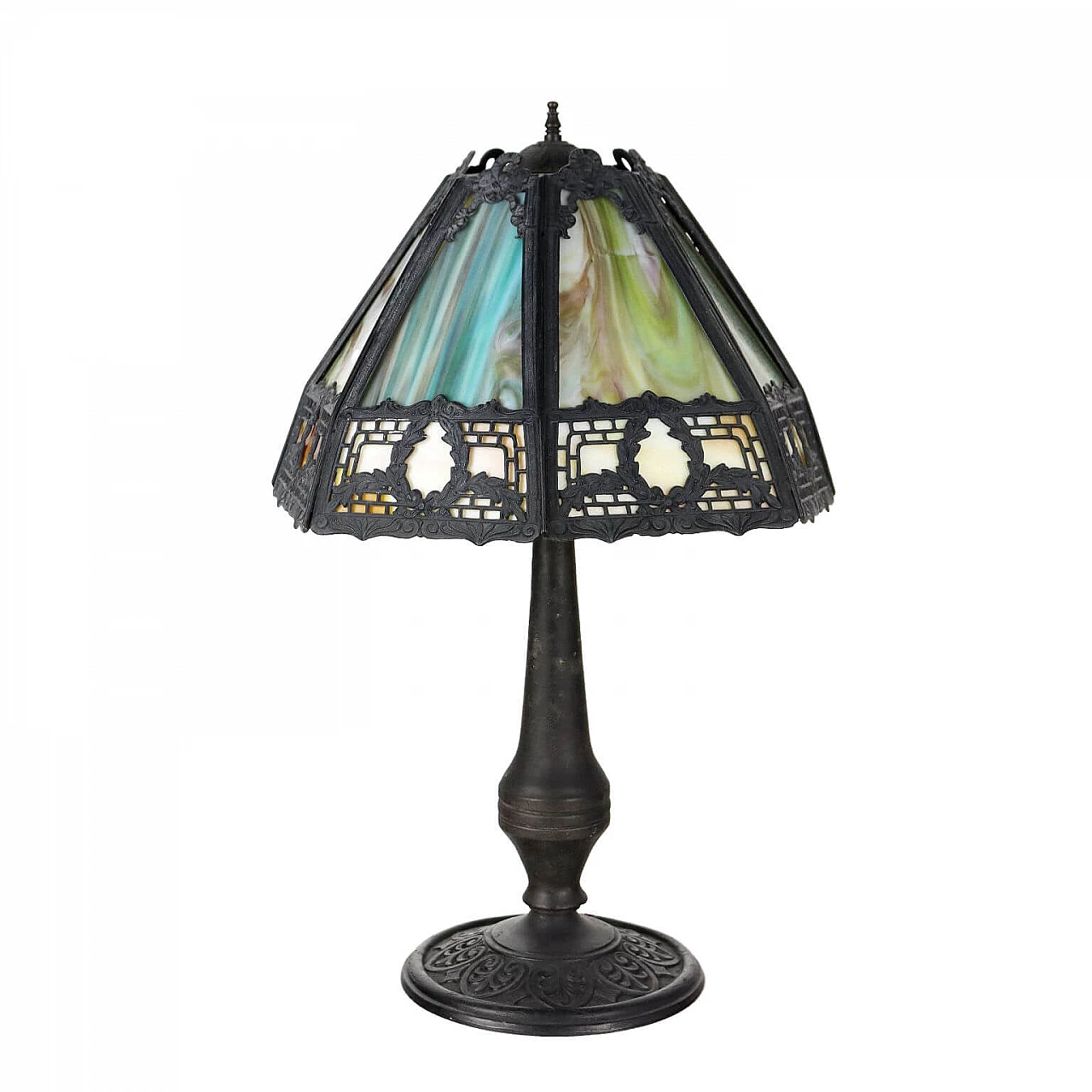 Lampada da tavolo in metallo e vetro in stile Liberty, inizio '900 1