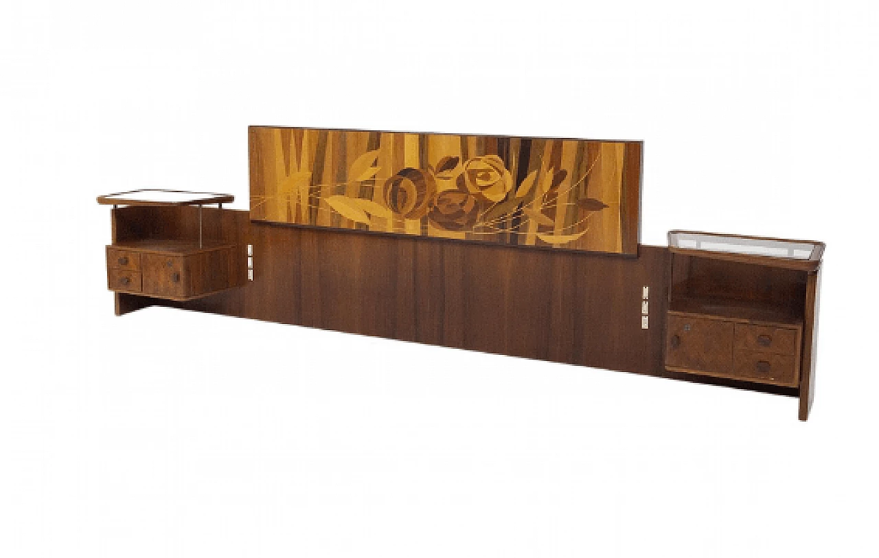 Wood and glass headboard with bedside tables by Luigi Scremin, 1950s 1