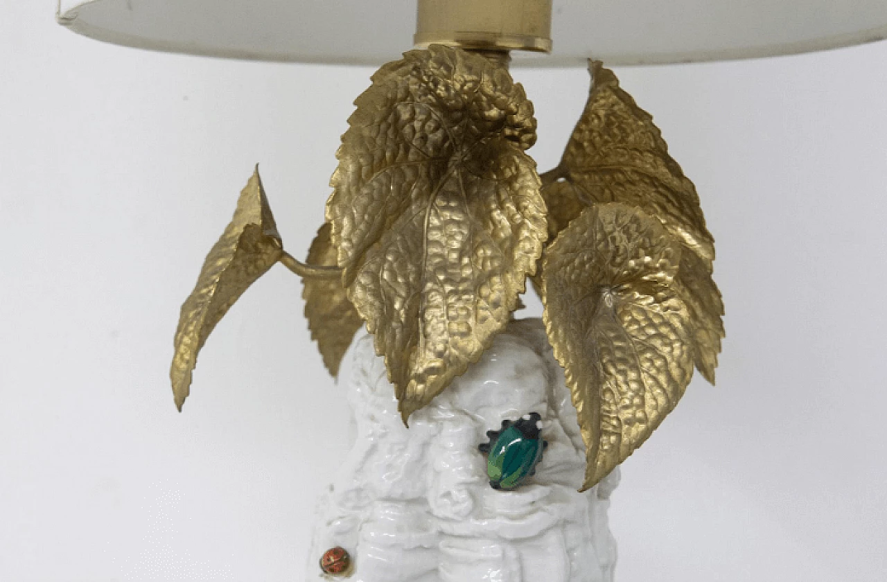 Ceramic table lamp with brass leaves, 1970s 7