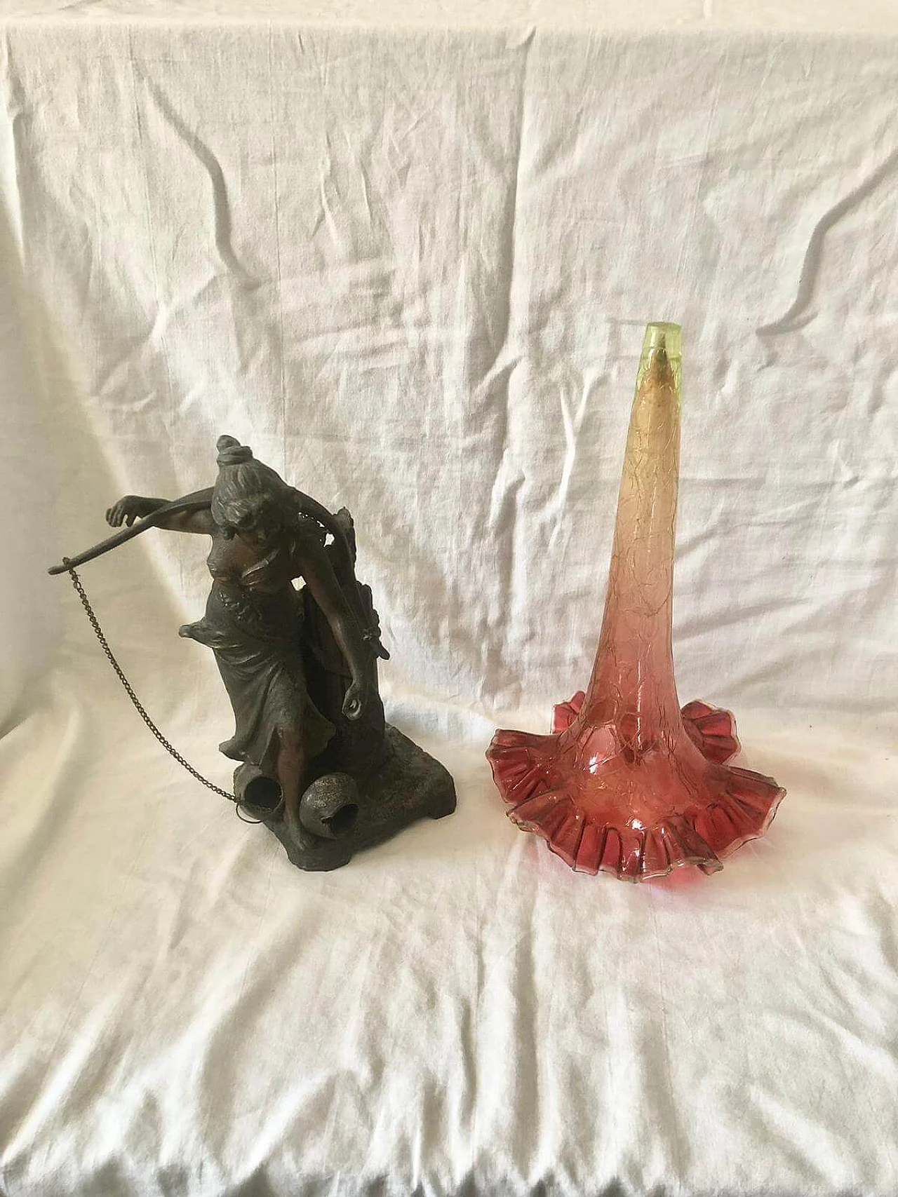 Centrotavola con vaso in vetro e scultura in metallo, inizio '900 9