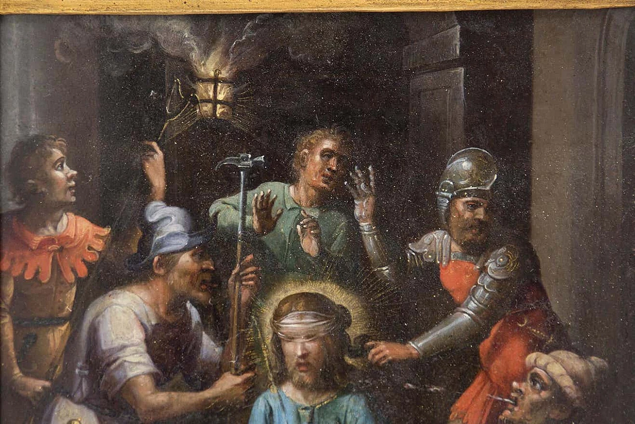 Painting depicting the Beffa di Cristo, oil on copper, 17th century 4