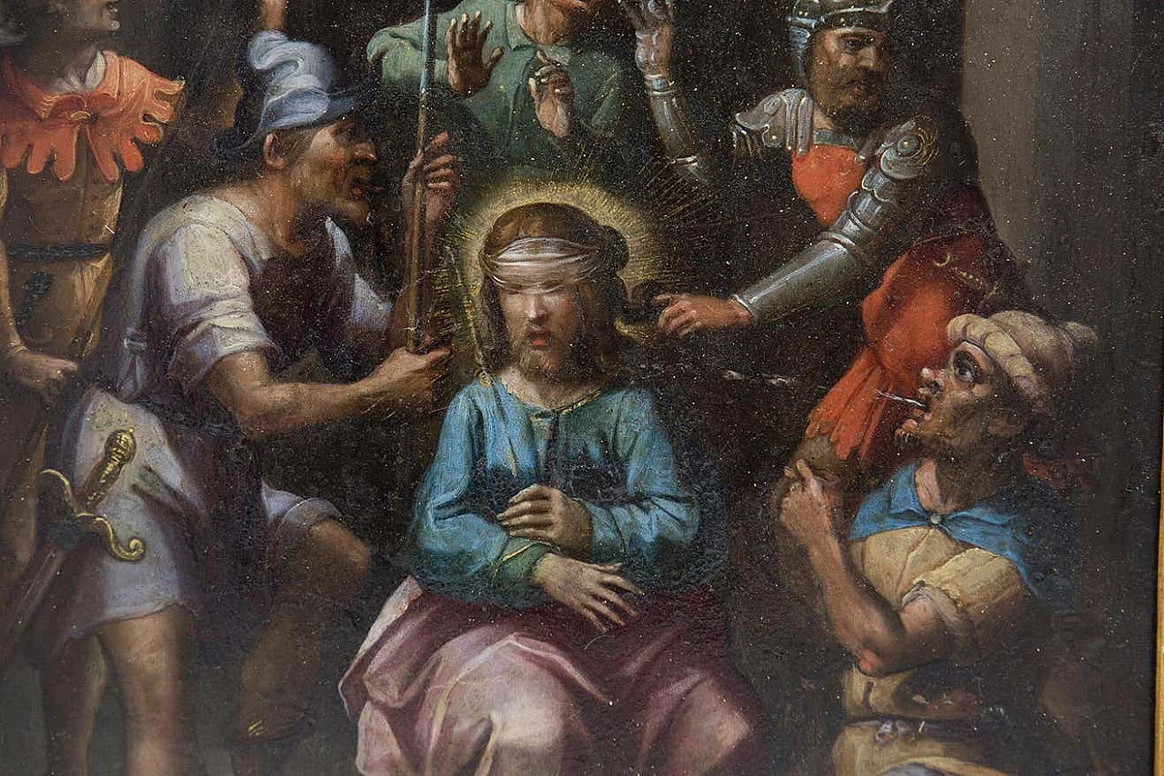 Painting depicting the Beffa di Cristo, oil on copper, 17th century 5