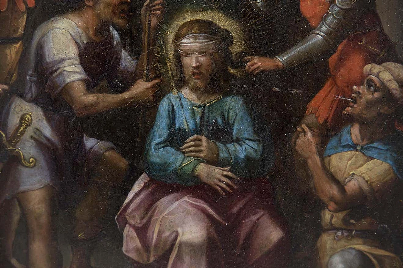 Painting depicting the Beffa di Cristo, oil on copper, 17th century 7