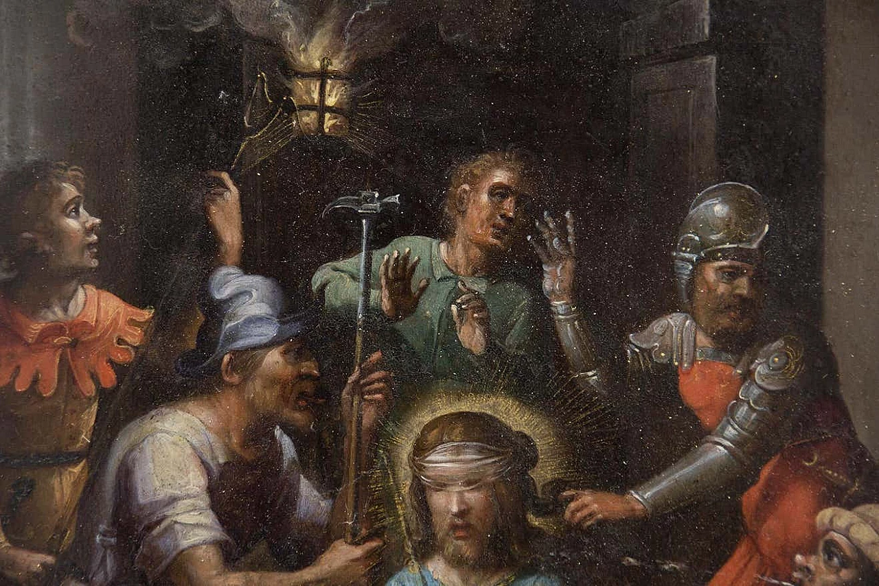 Dipinto raffigurante la Beffa di Cristo, olio su rame, '600 10