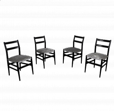 4 Sedie in legno nero e seduta in velluto bianco, anni '50