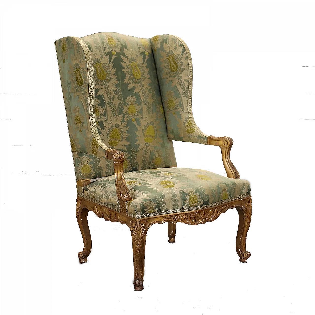Bergere English armchair with carved and gilded frame, late 19th century 1