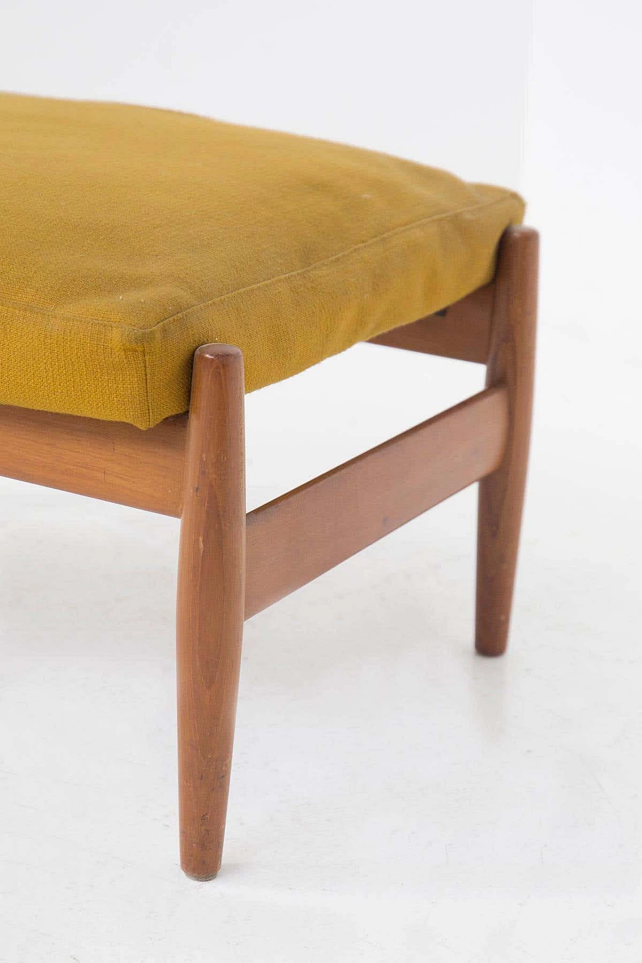Wooden stool with yellow ochre velvet cushion, 1950s 1