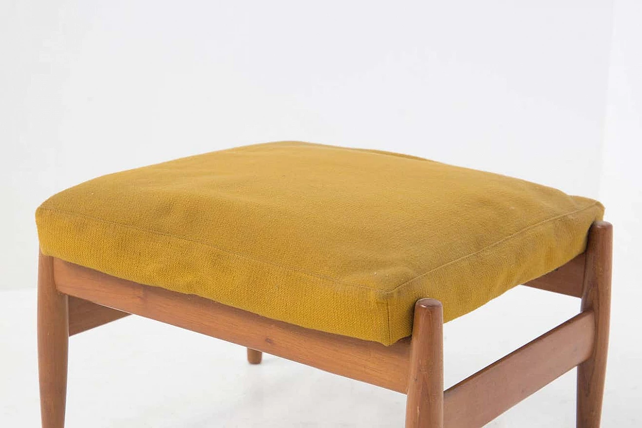 Wooden stool with yellow ochre velvet cushion, 1950s 2