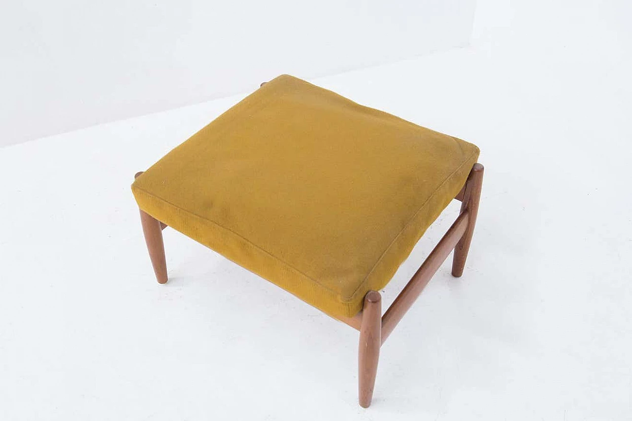 Wooden stool with yellow ochre velvet cushion, 1950s 3