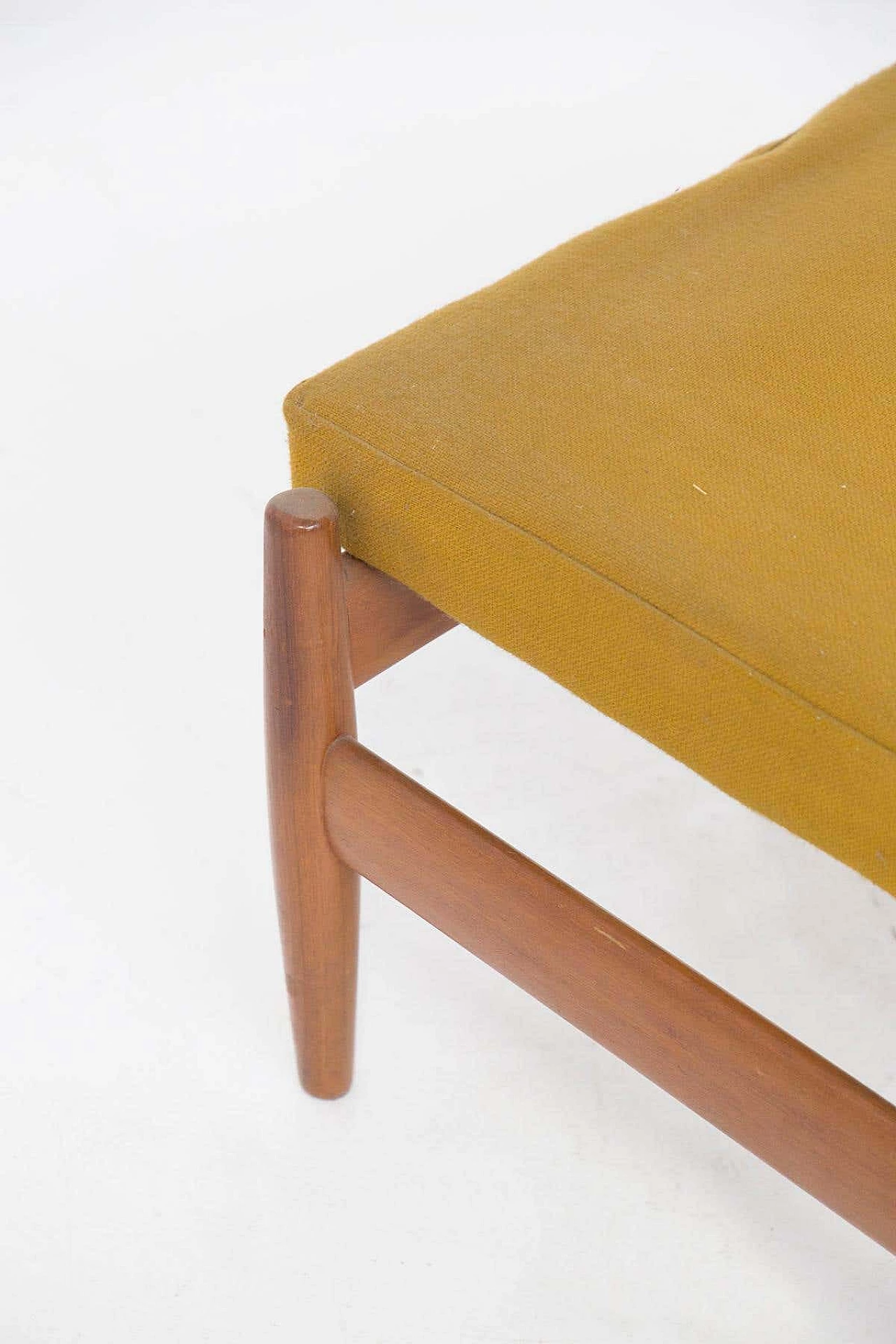 Wooden stool with yellow ochre velvet cushion, 1950s 4