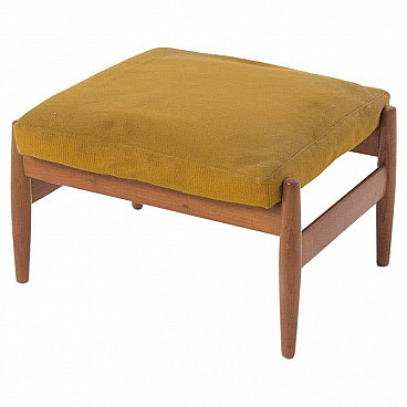 Wooden stool with yellow ochre velvet cushion, 1950s