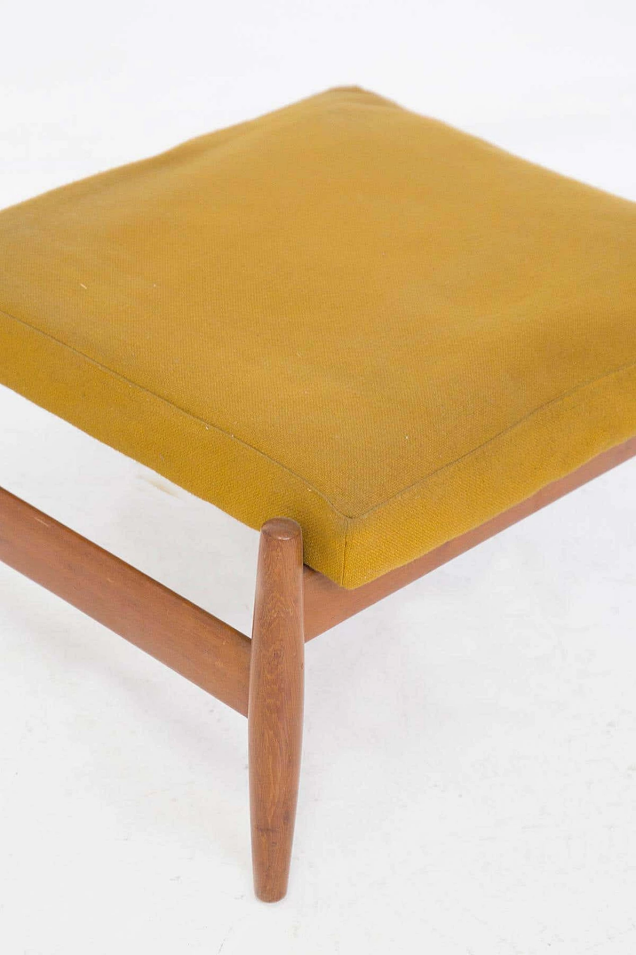 Wooden stool with yellow ochre velvet cushion, 1950s 6