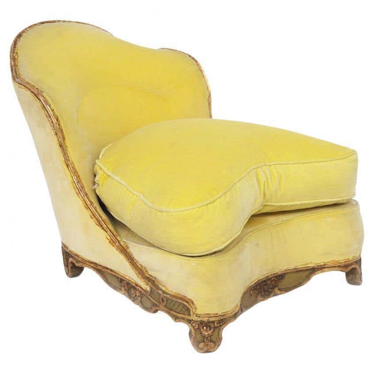 Baroque-style armchair in gilded wood and yellow velvet, 19th century 1