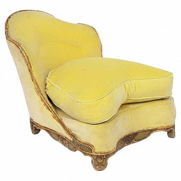 Baroque-style armchair in gilded wood and yellow velvet, 19th century