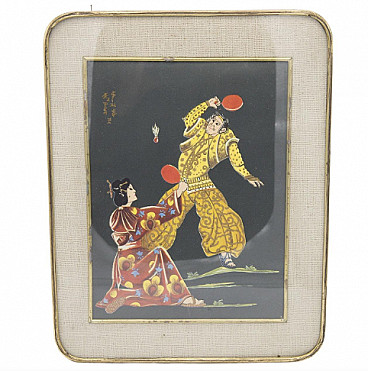 Badminton match, painting on cardboard, early 20th century