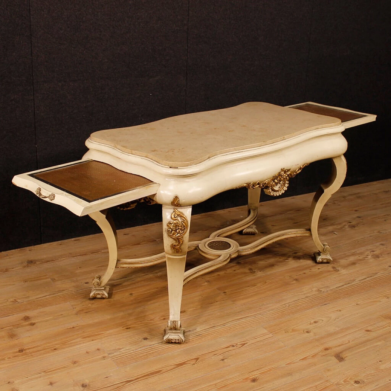 Carved, lacquered and gilded wooden table with marble top, 1940s 9