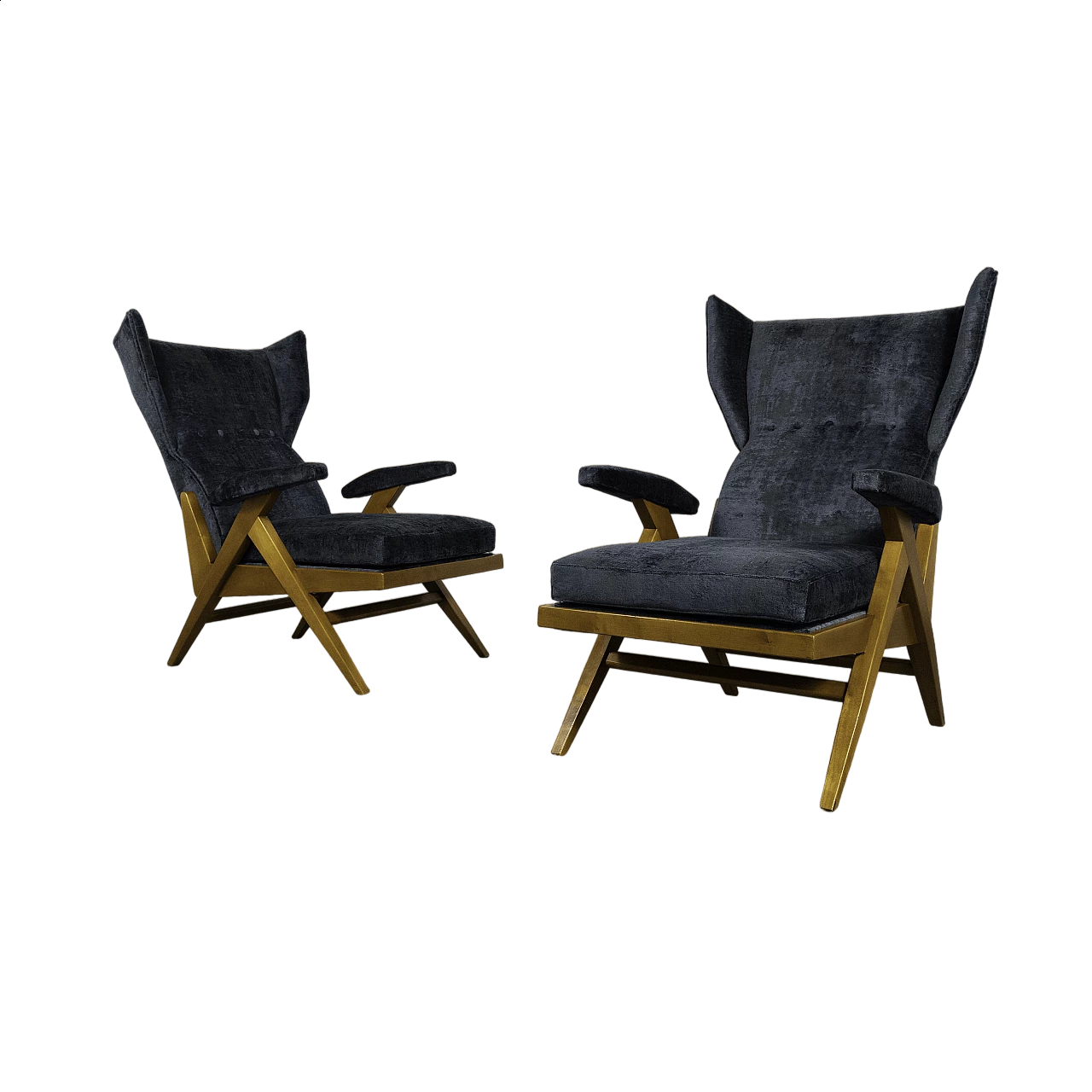 Pair of blue velvet and wood armchairs, 1950s 11
