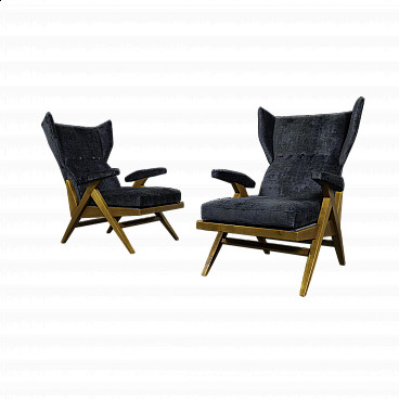 Pair of blue velvet and wood armchairs, 1950s