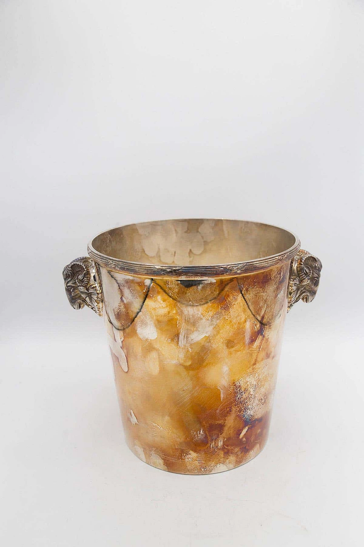 Christofle metal ice bucket with ram-shaped handles, 1950s 1