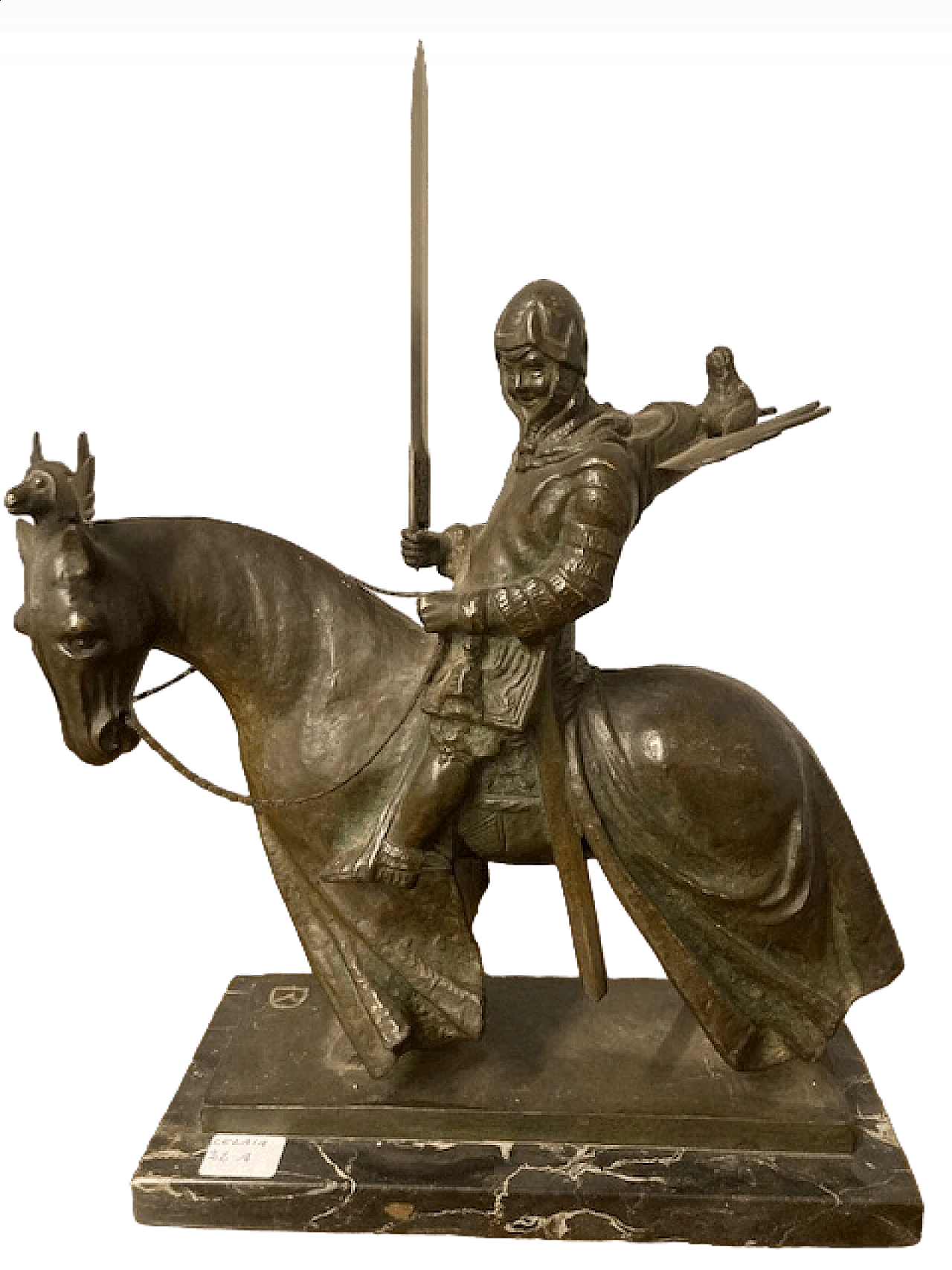 Bronzo di cavaliere a cavallo su base in marmo, inizio '900 21