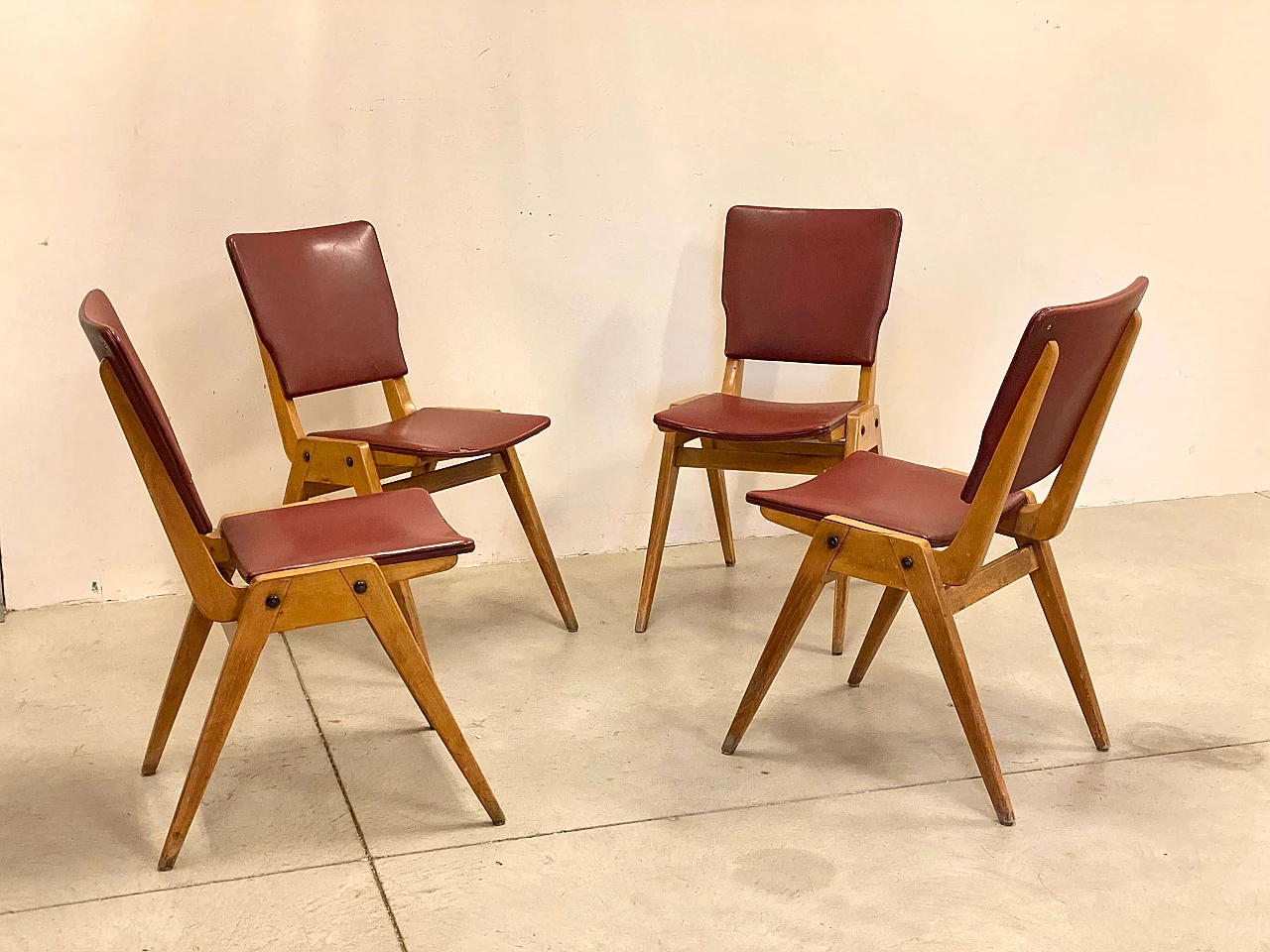 4 Beech and leatherette chairs, 1950s 1