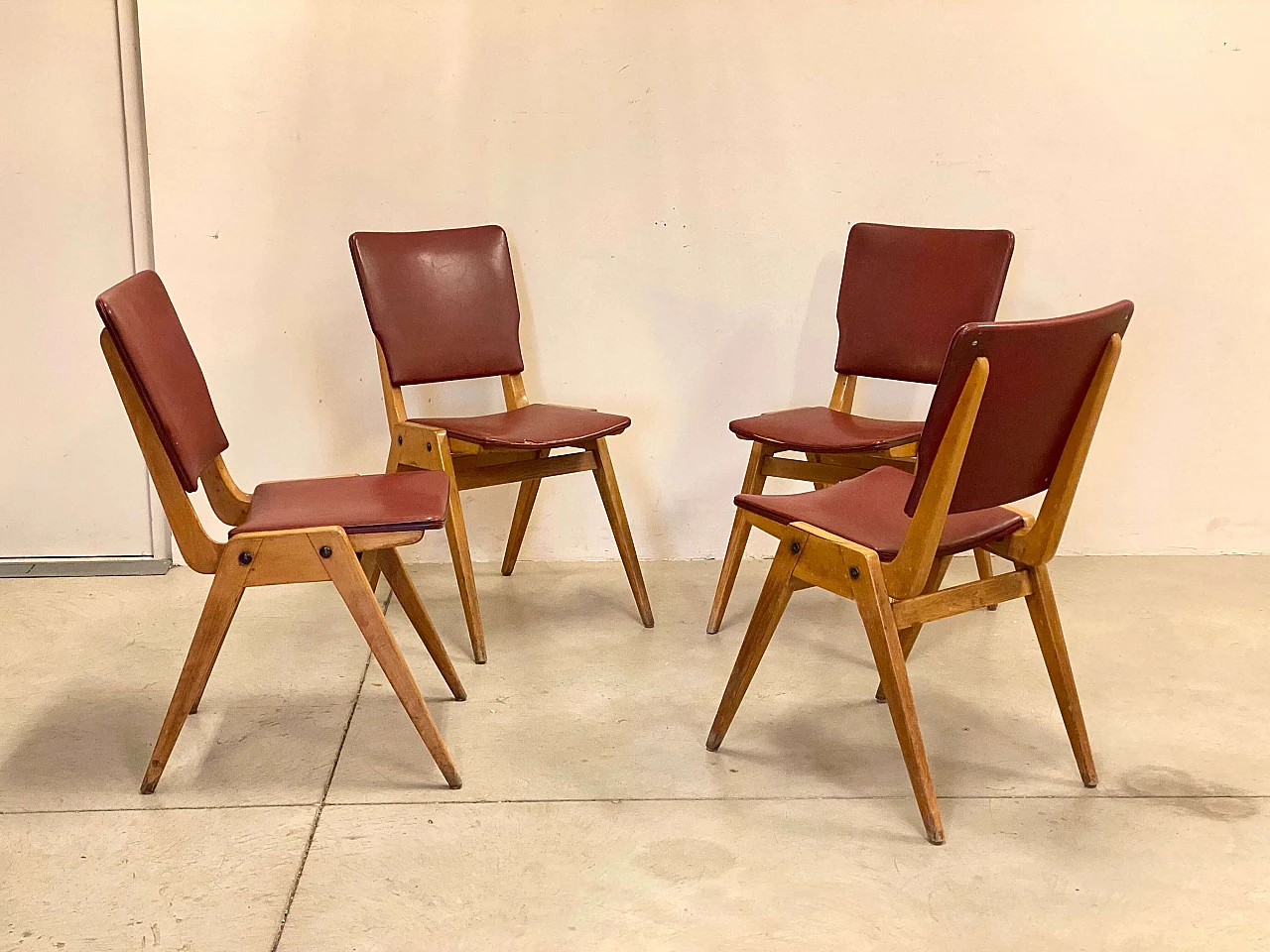 4 Beech and leatherette chairs, 1950s 2