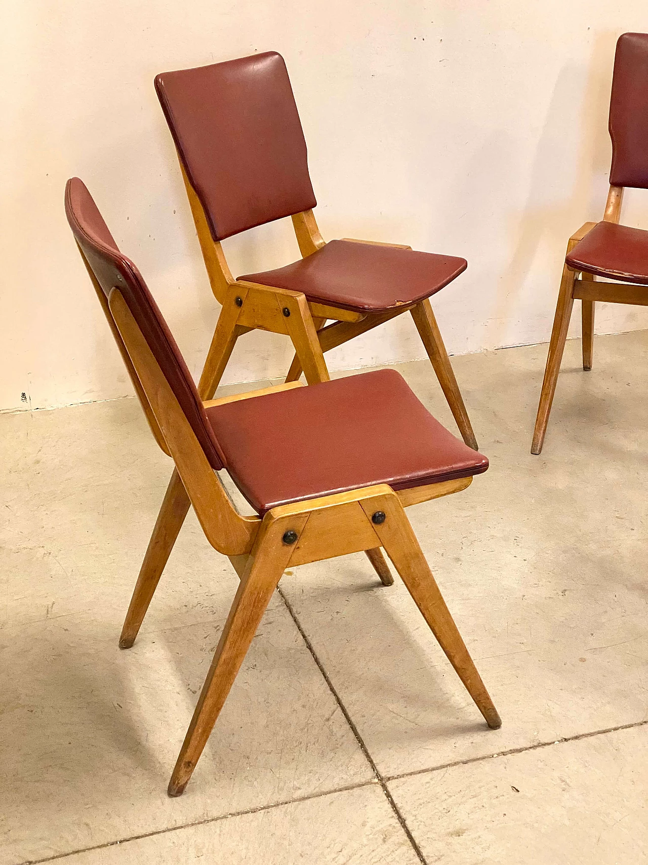 4 Beech and leatherette chairs, 1950s 9