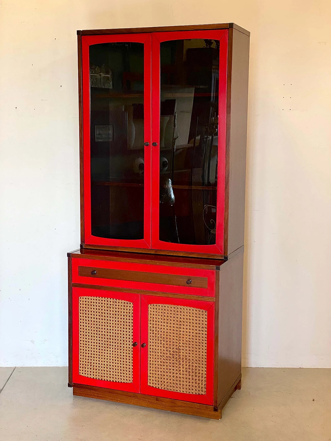 Wood and Vienna straw sideboard with glass cabinet, 1960s 1