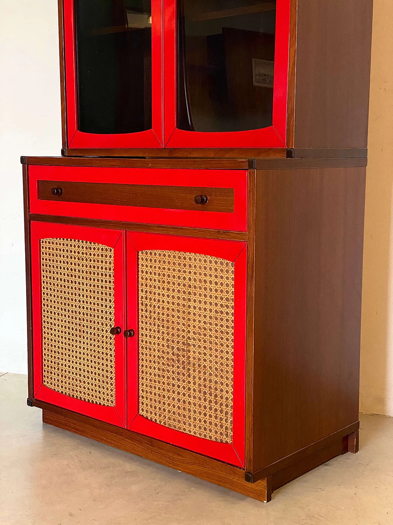 Wood and Vienna straw sideboard with glass cabinet, 1960s 2