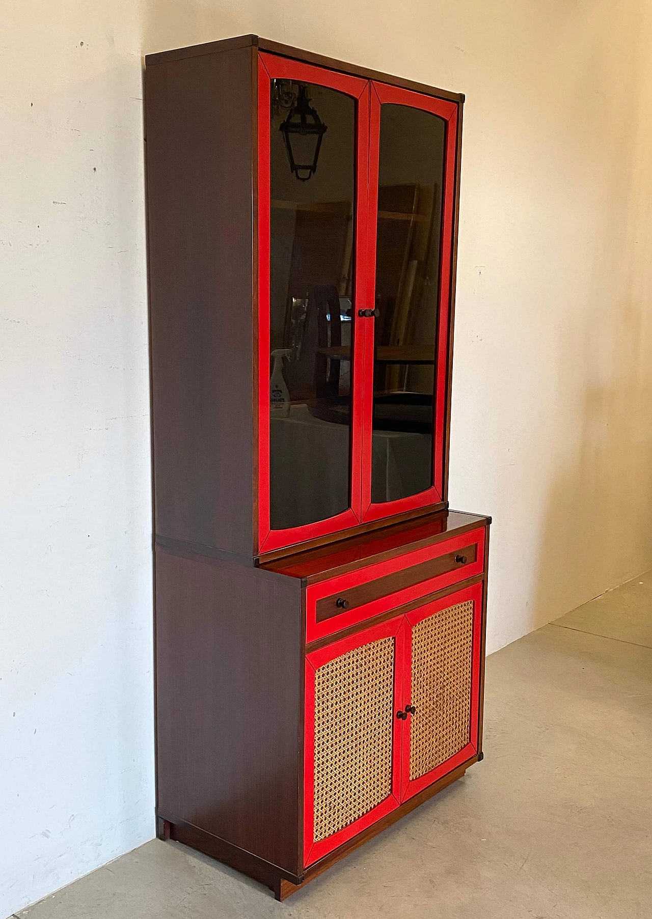 Wood and Vienna straw sideboard with glass cabinet, 1960s 3