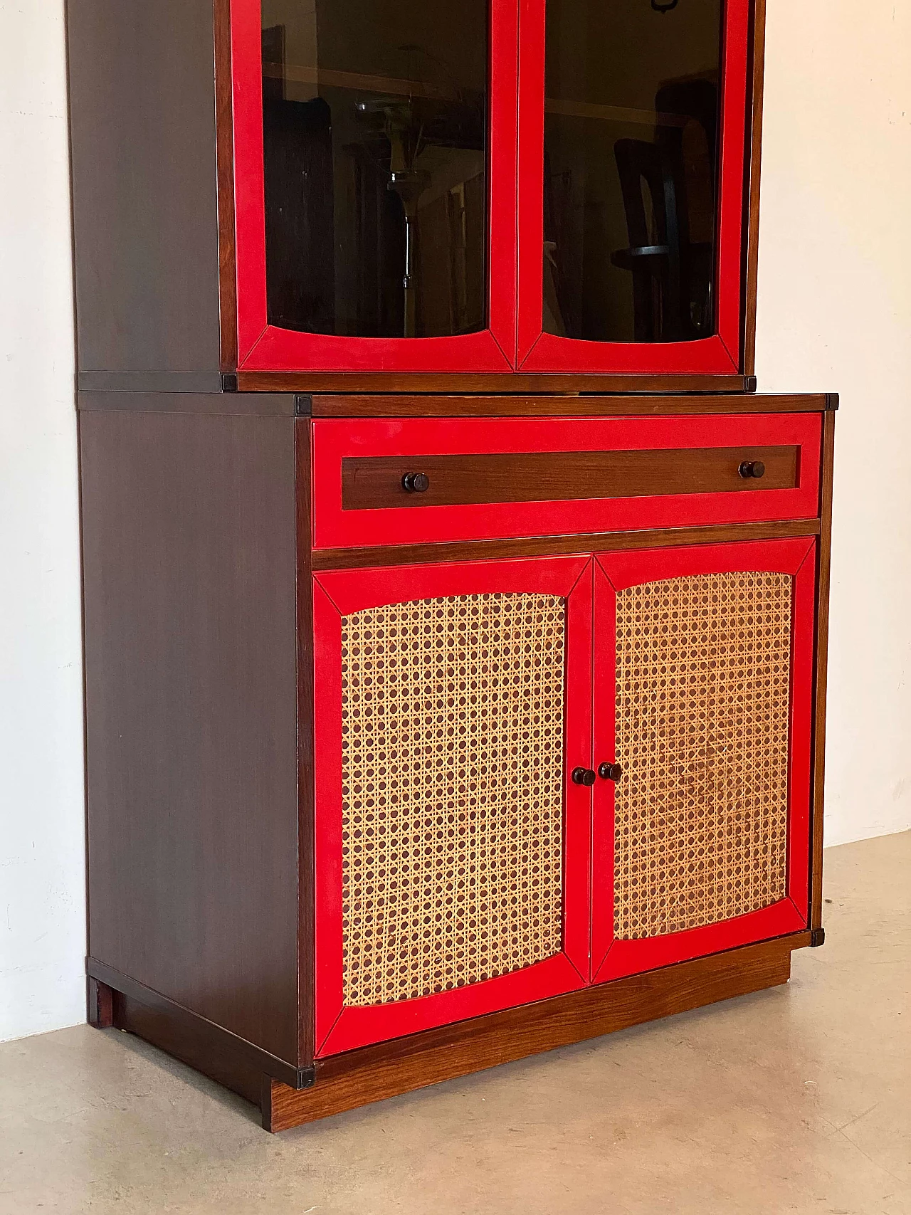 Wood and Vienna straw sideboard with glass cabinet, 1960s 13