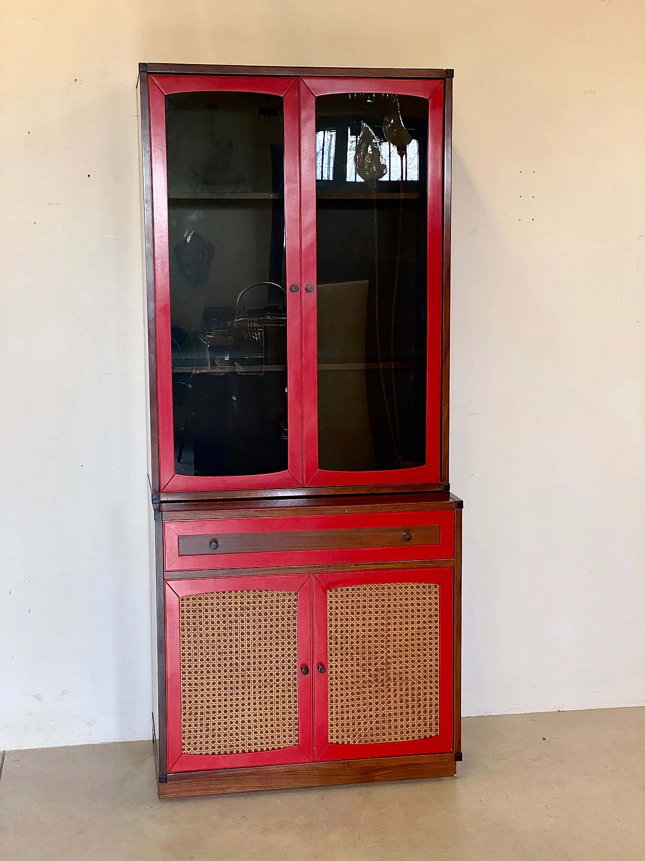 Wood and Vienna straw sideboard with glass cabinet, 1960s 14