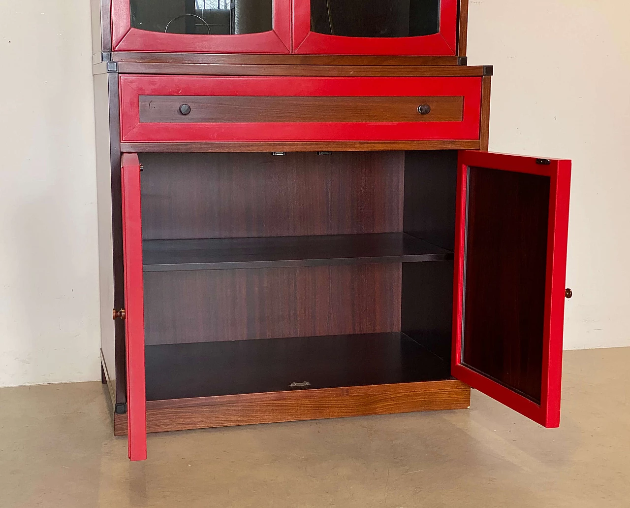 Wood and Vienna straw sideboard with glass cabinet, 1960s 16