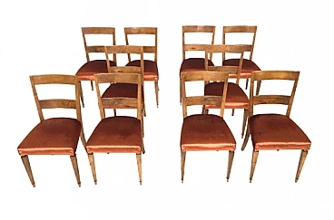 10 Chairs in walnut and copper colored fabric, 1940s