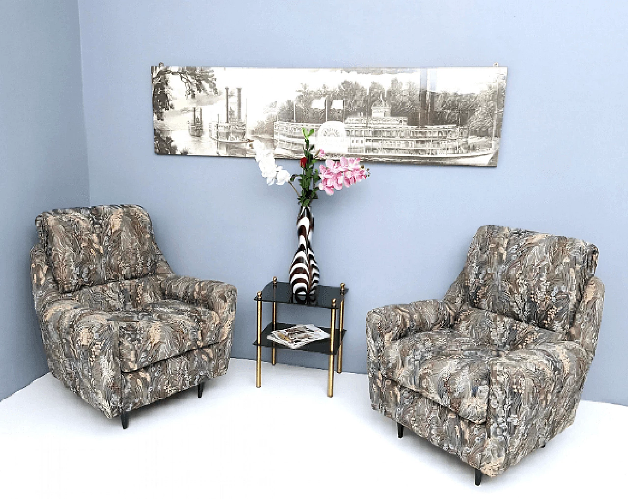 Pair of floral fabric armchairs, 1950s 4