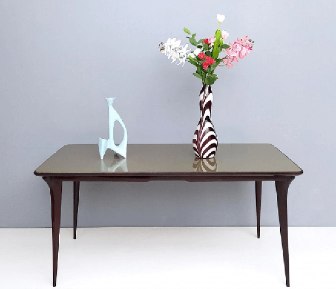 Ebonized beech and dove gray glass table, 1950s 3