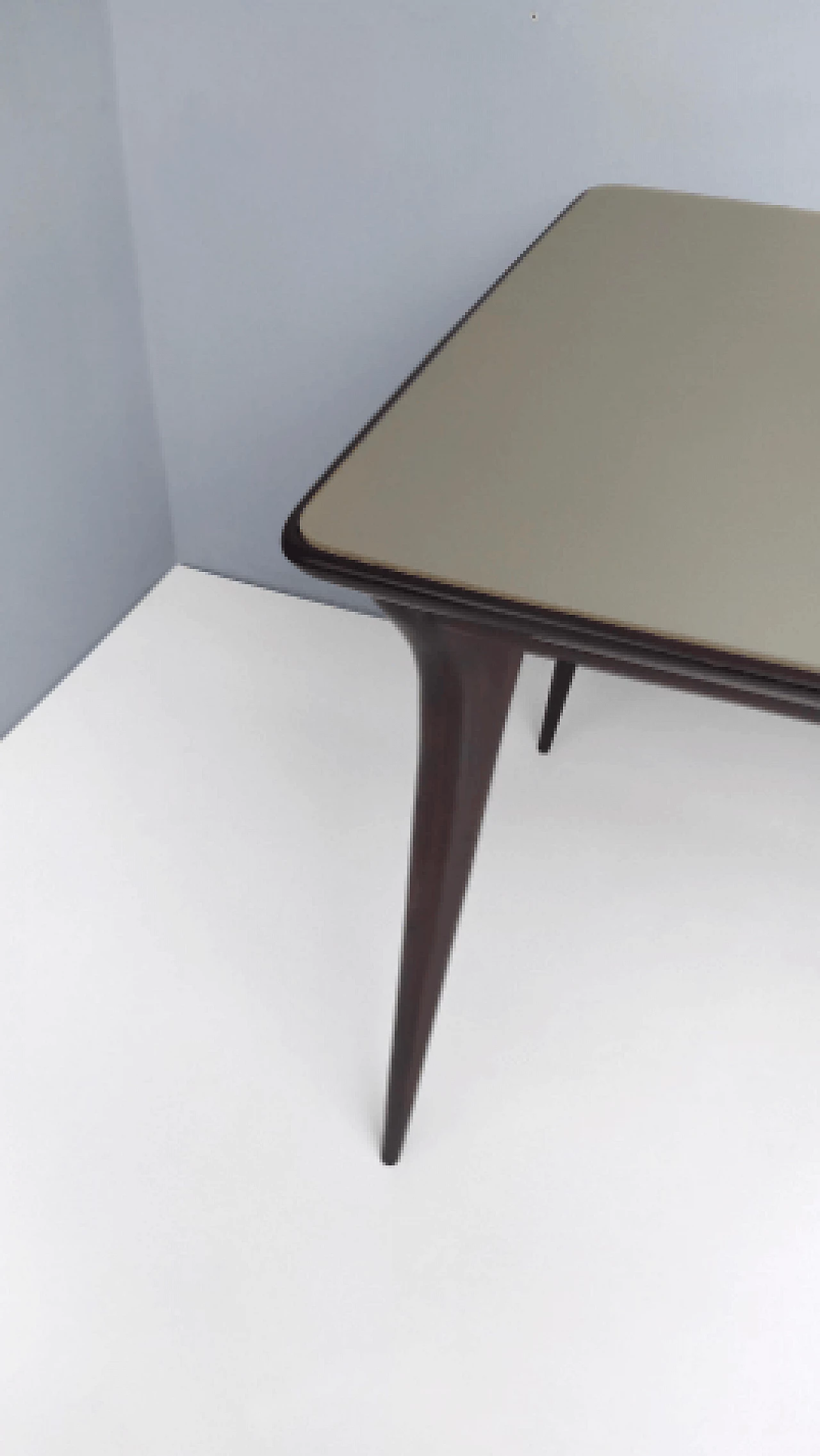 Ebonized beech and dove gray glass table, 1950s 13