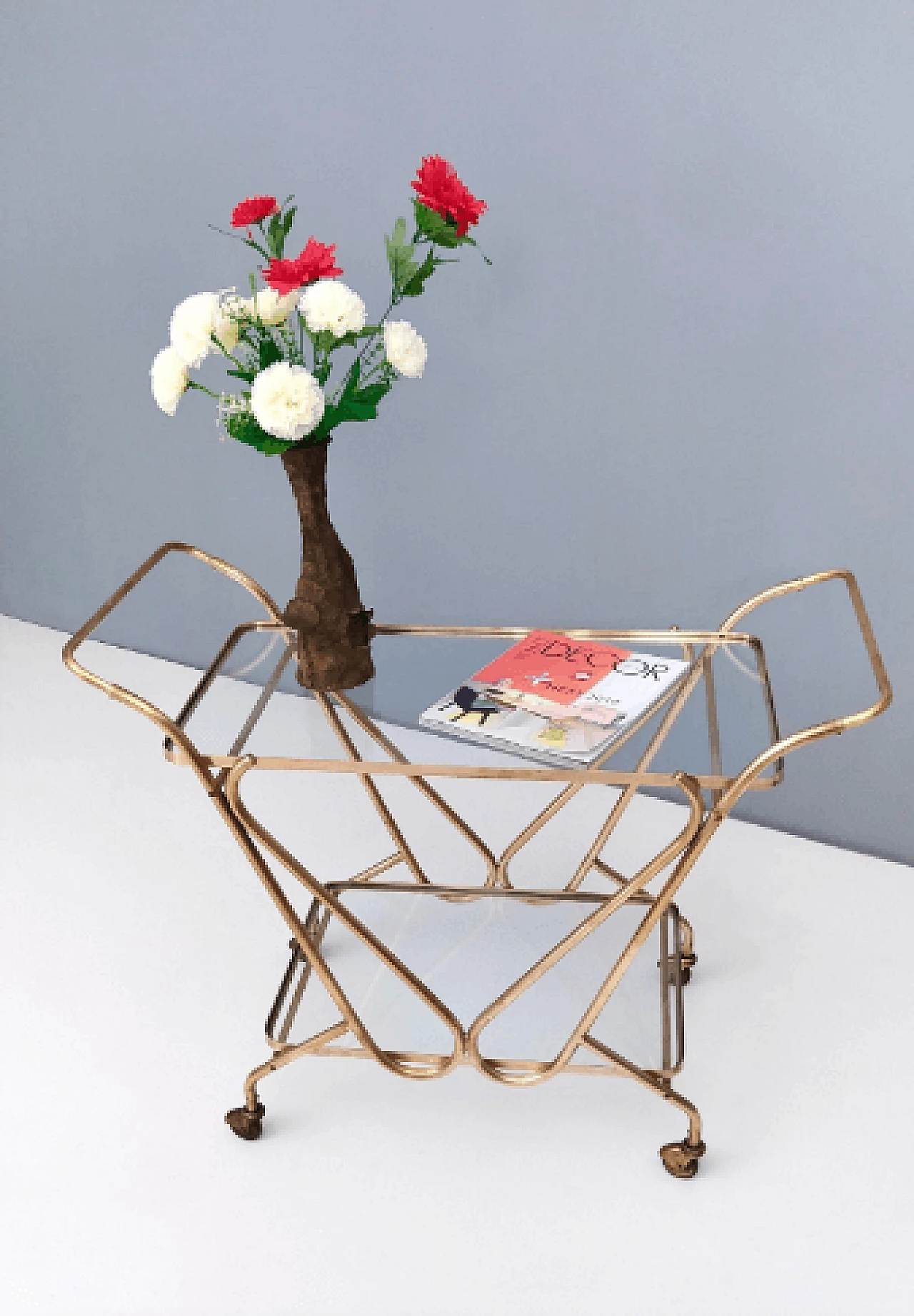 Brass cart with glass shelves, 1950s 4
