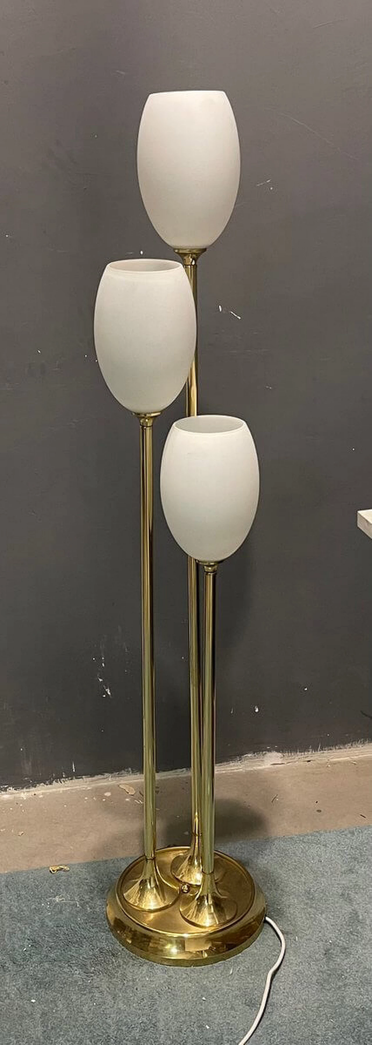 Brass and glass three-light floor lamp, 1980s 4