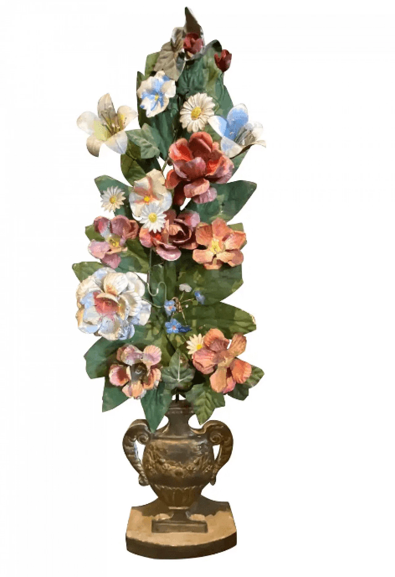 Portapalme siciliano in legno e metallo con composizione floreale coeva, anni '50 1