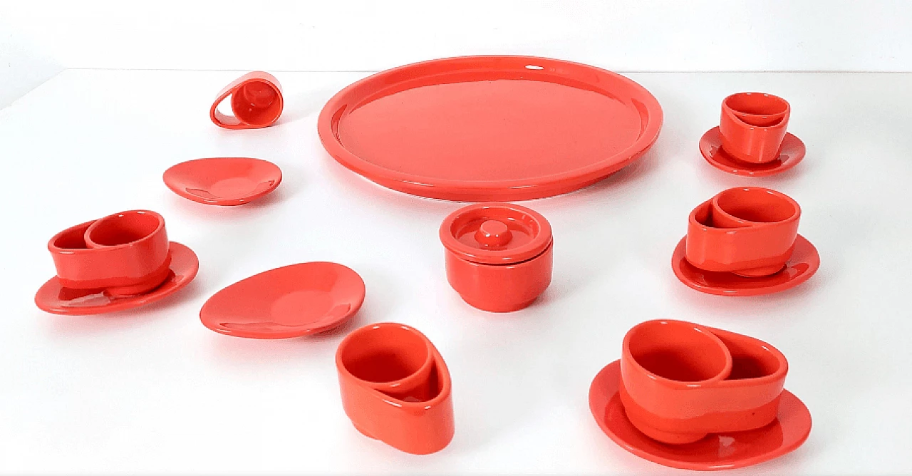 Red lacquered ceramic coffee service by Parravicini, 1970s 2