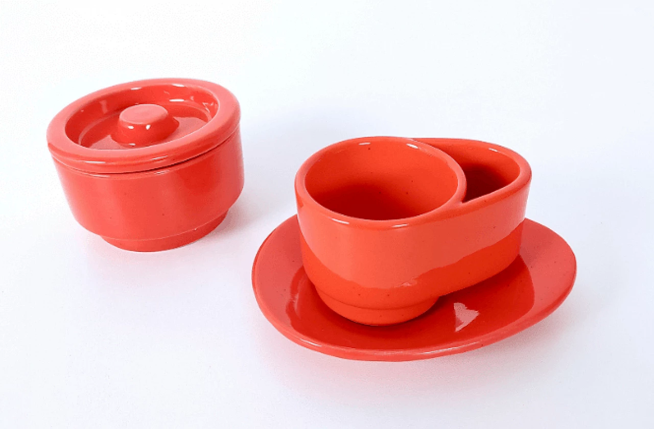 Red lacquered ceramic coffee service by Parravicini, 1970s 4
