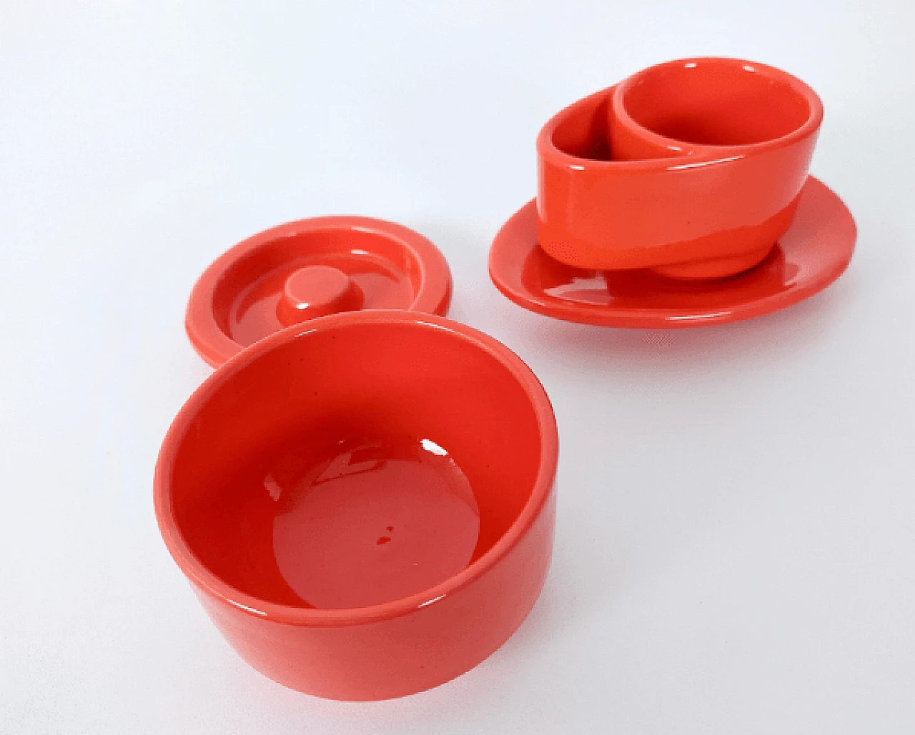 Red lacquered ceramic coffee service by Parravicini, 1970s 5
