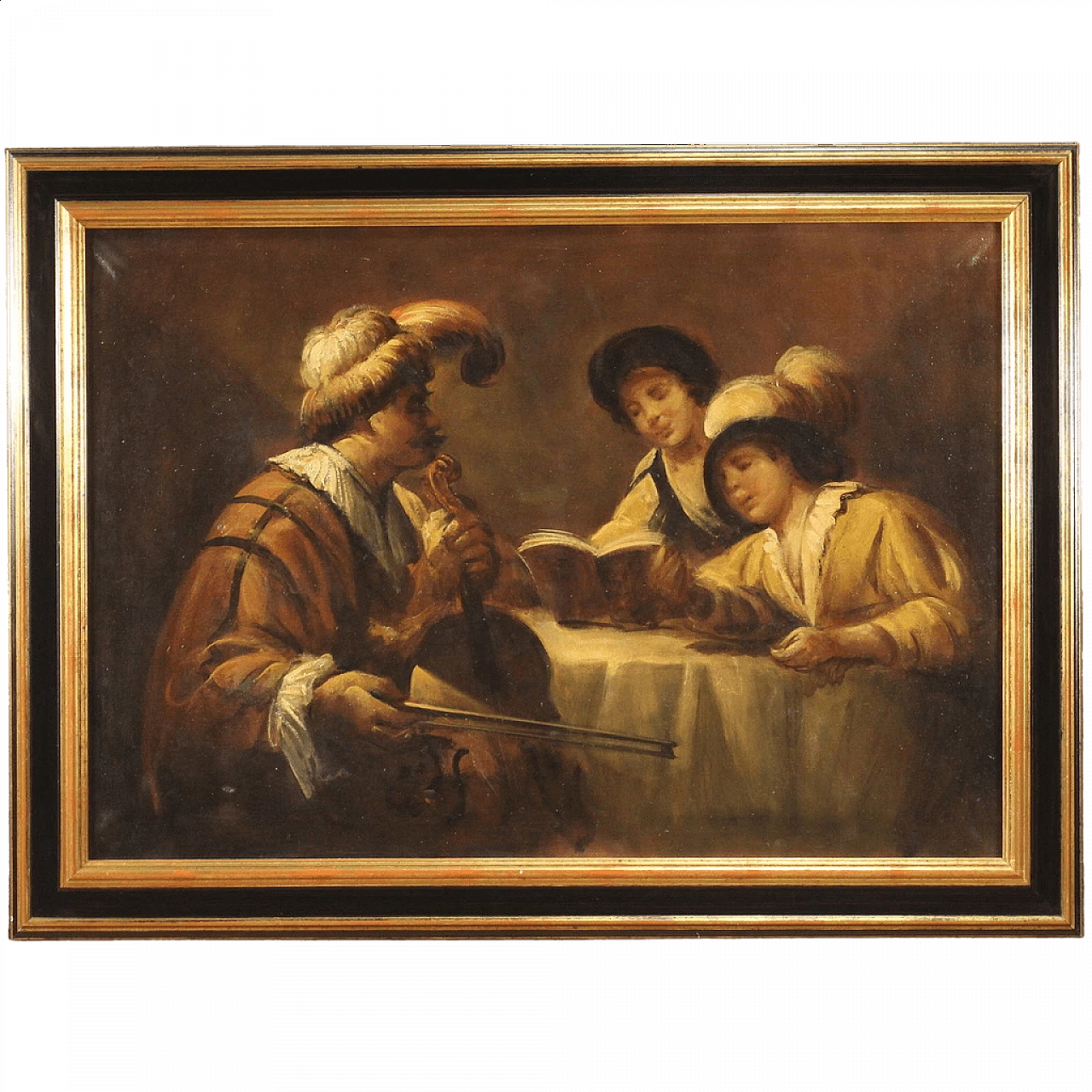 Dipinto italiano raffigurante la Lezione di Musica, olio su tela 15