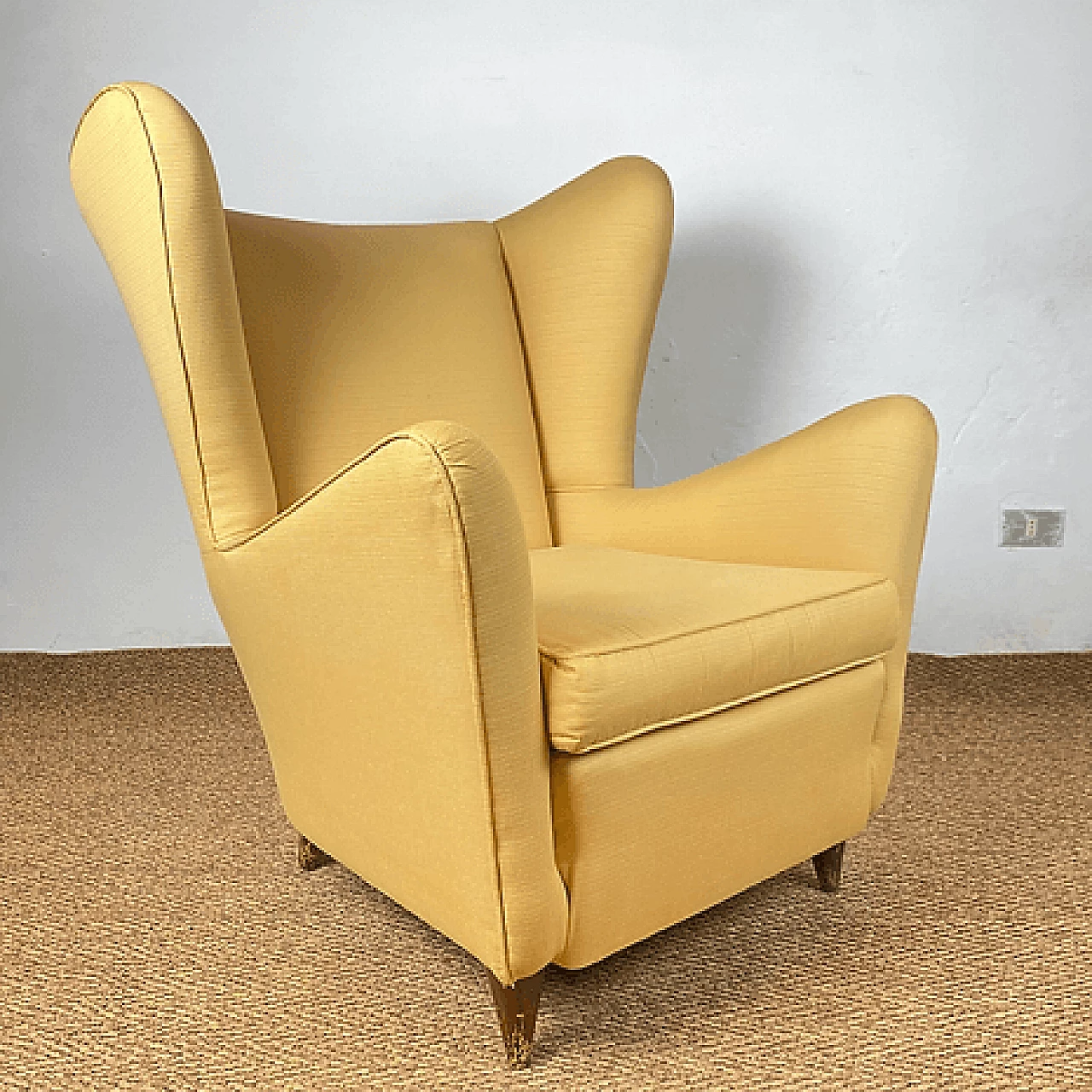 Pair of yellow silk armchairs in the style of Gio Ponti, 1950s 1