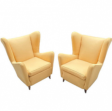 Pair of yellow silk armchairs in the style of Gio Ponti, 1950s